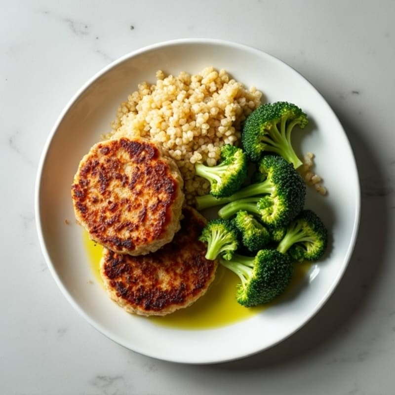 Seared Turkey Patties with Steamed Broccoli and Quinoa
