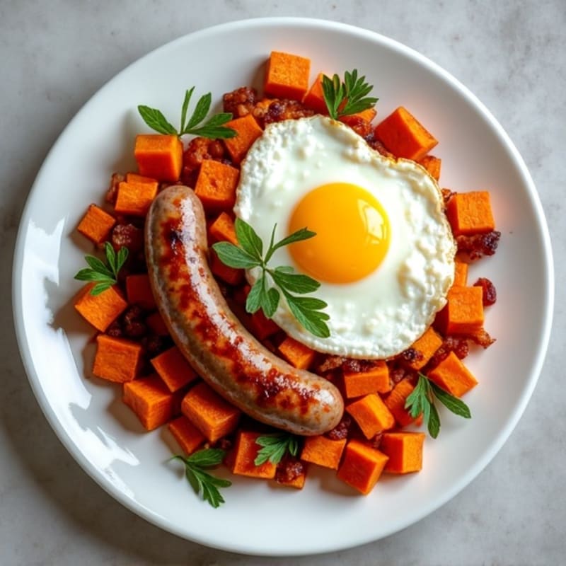 Crispy Sweet Potato Hash with Sunny-Side Up Eggs and Lean Turkey Sausage