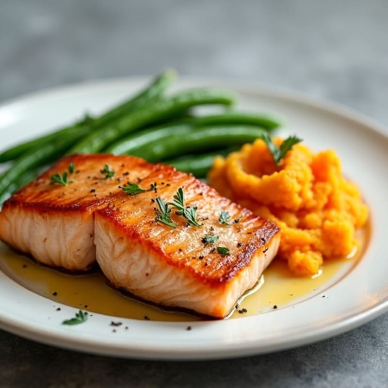 Seared Salmon with Garlic Green Beans and Sweet Potato Mash