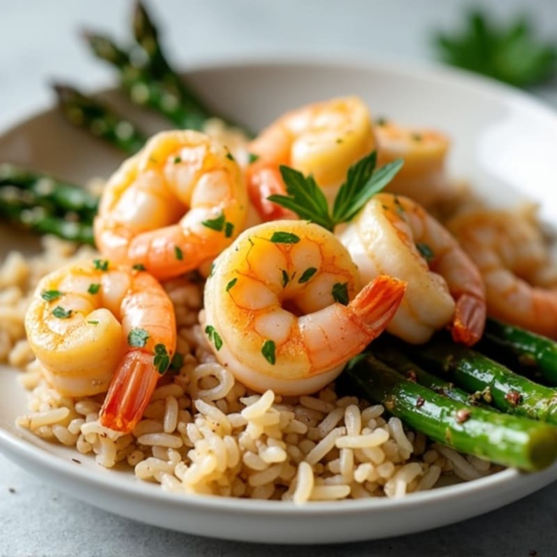 Creamy Lemon-Garlic Shrimp with Roasted Asparagus and Brown Rice