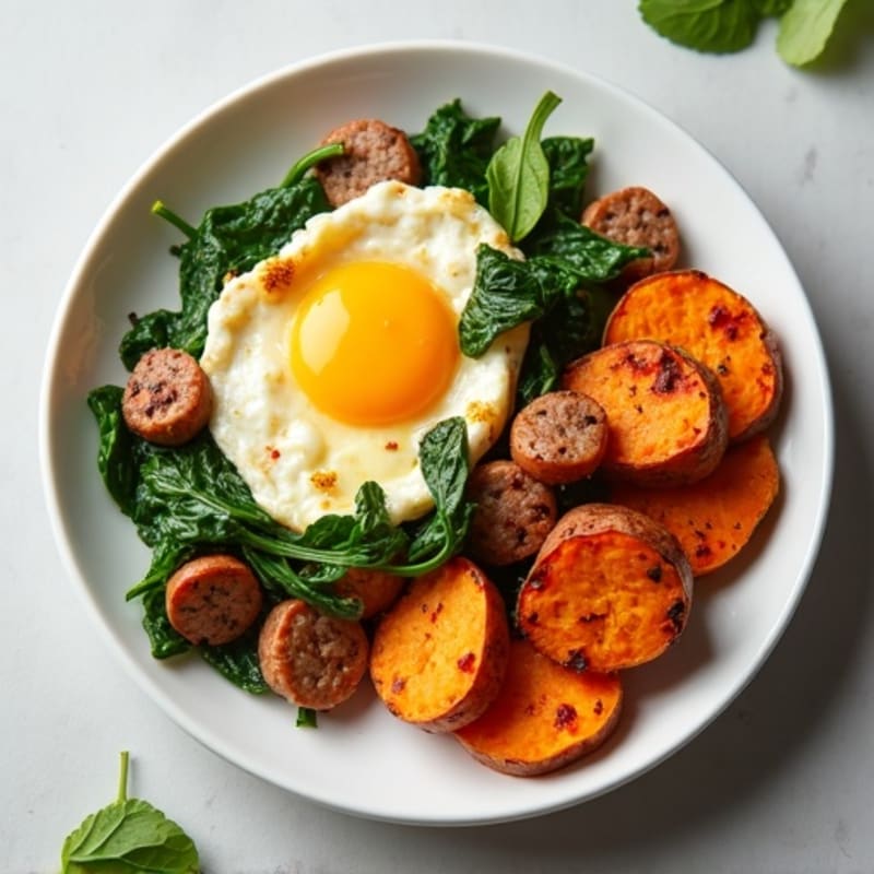 Egg White and Turkey Sausage Scramble with Spinach and Roasted Sweet Potato