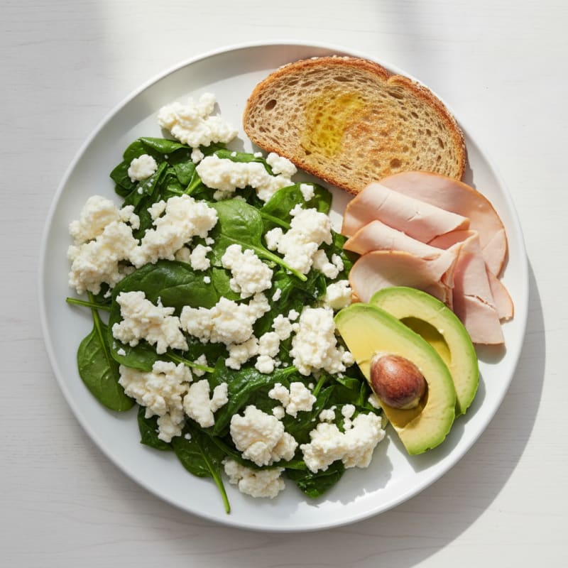 Egg White Spinach Scramble with Cottage Cheese and Sliced Turkey