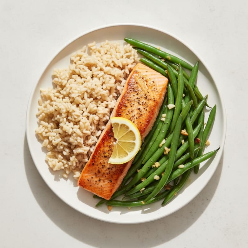 Seared Salmon with Garlic Green Beans and Brown Rice