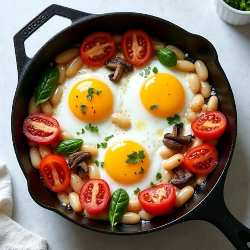 Skillet Baked Eggs with Creamy Beans, Sautéed Mushrooms, and Tomatoes