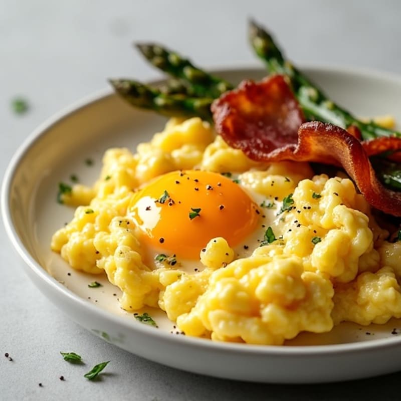Fluffy Scrambled Eggs with Crispy Turkey Bacon and Roasted Asparagus