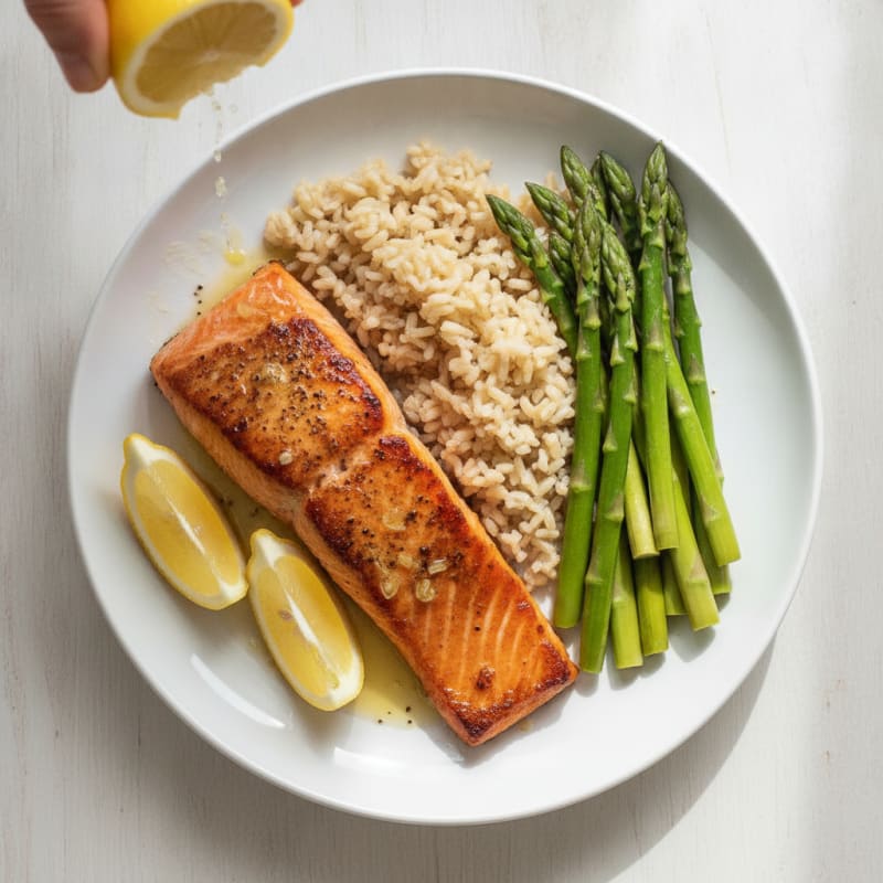 Seared Salmon with Steamed Asparagus and Brown Rice