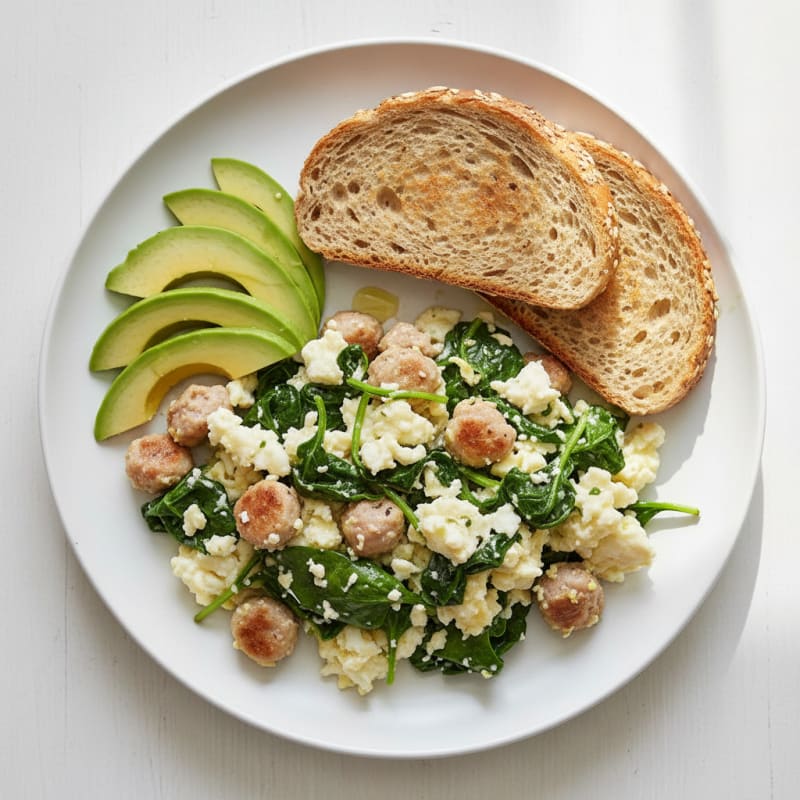 Egg White and Turkey Sausage Scramble with Sautéed Spinach