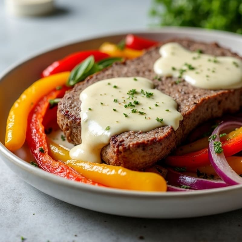 Sheet Pan Steak and Peppers with Creamy Provolone Sauce