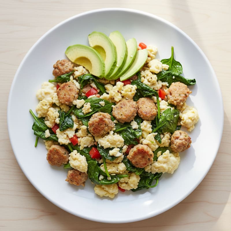 Egg White and Chicken Sausage Scramble with Spinach