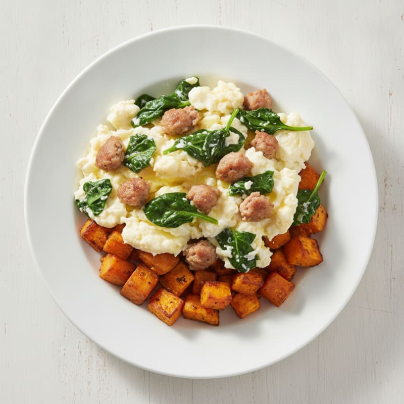 Egg White and Turkey Sausage Scramble with Spinach and Roasted Sweet Potatoes