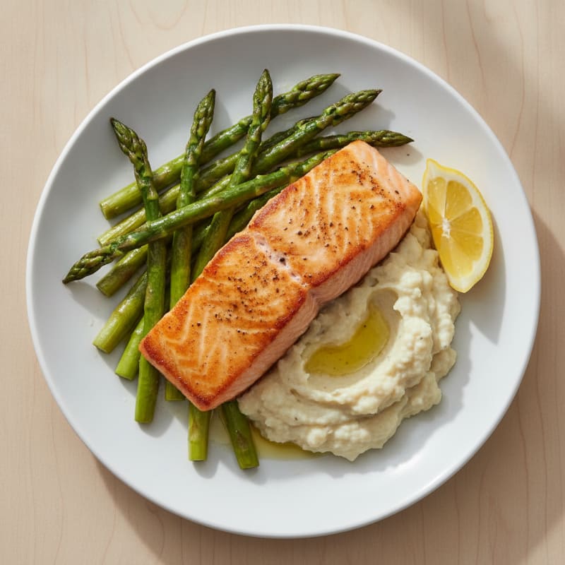 Seared Salmon Fillet with Roasted Asparagus and Cauliflower Mash
