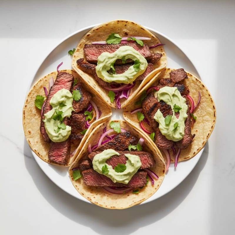 Pan-Seared Steak Tacos with Avocado Crema