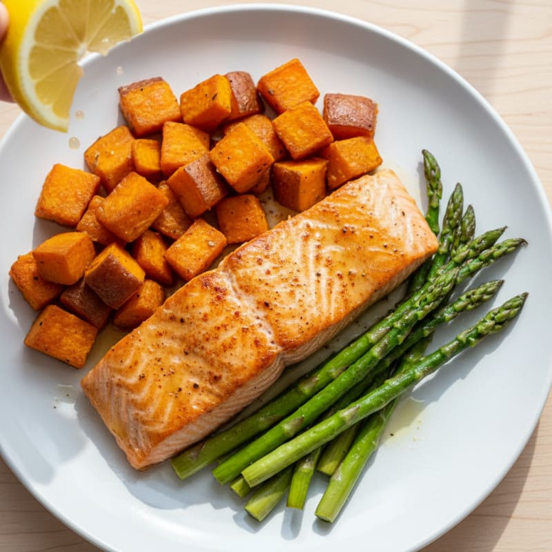 Seared Salmon with Roasted Sweet Potatoes and Asparagus