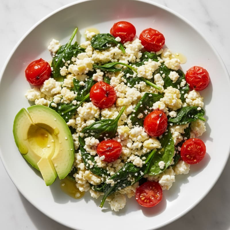 Cottage Cheese Egg White Scramble with Spinach and Cherry Tomatoes