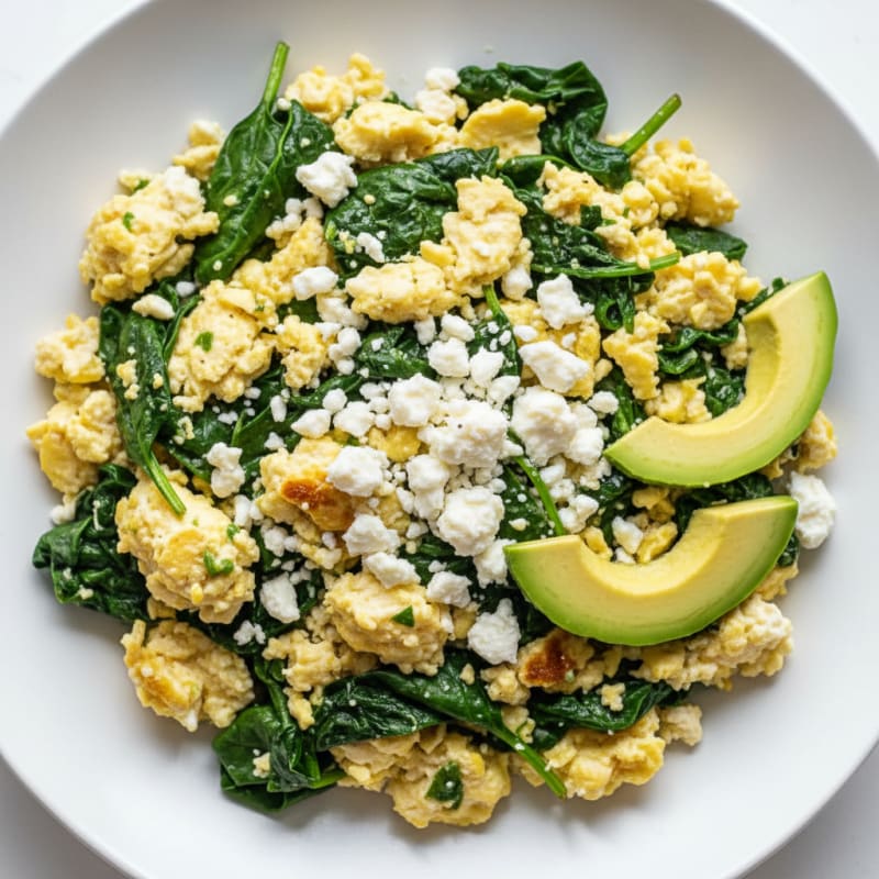 Egg and Cottage Cheese Scramble with Sautéed Spinach and Feta
