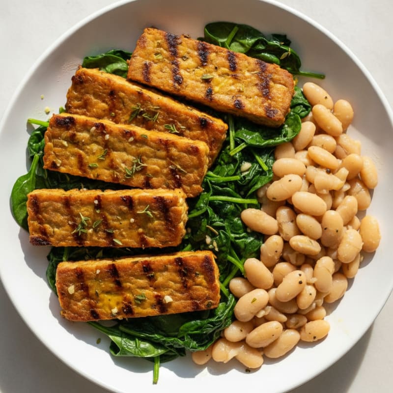 Herb-Grilled Tempeh with Garlic Spinach and White Beans