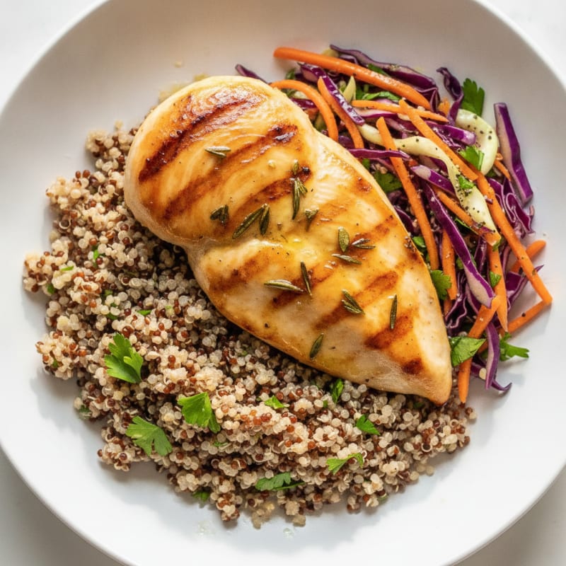 Grilled Chicken Breast with Quinoa and Crunchy Cabbage Slaw