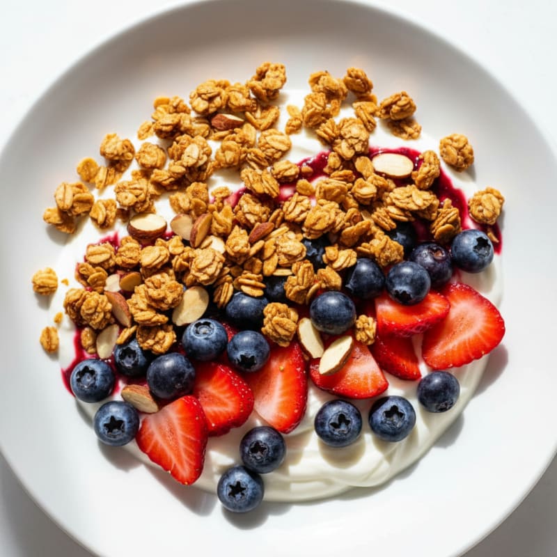 Greek Yogurt Parfait with Crunchy Almond Granola and Fresh Berries