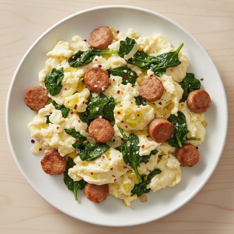 Egg White Scramble with Turkey Sausage and Sautéed Spinach