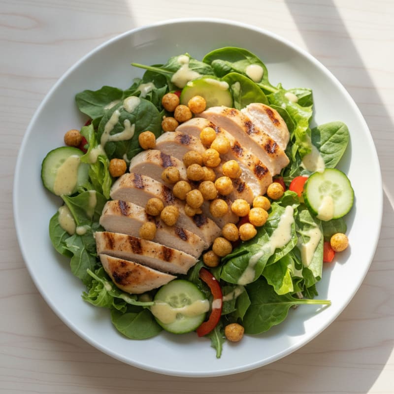 Grilled Chicken Salad with Crunchy Chickpeas and Mixed Greens