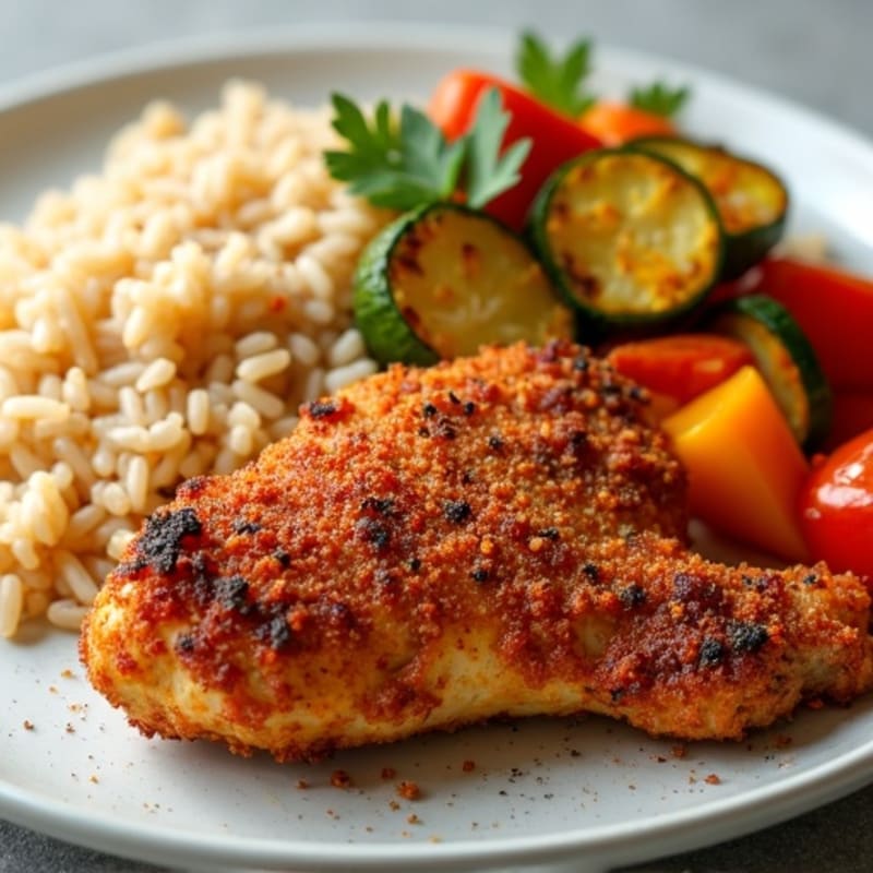 Crispy Spiced Chicken with Brown Rice and Roasted Vegetables