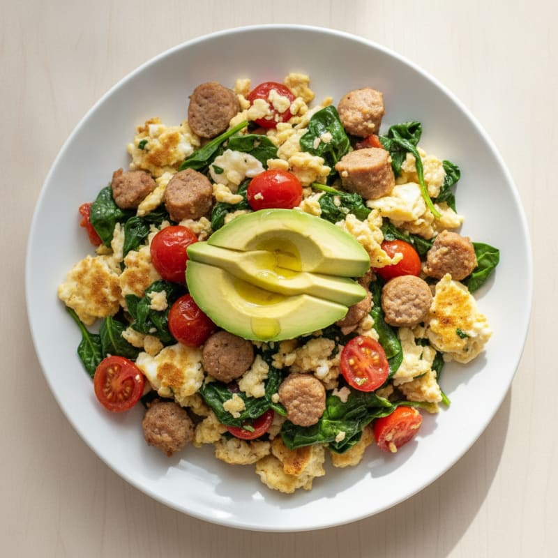Egg White and Turkey Sausage Scramble with Spinach and Tomatoes
