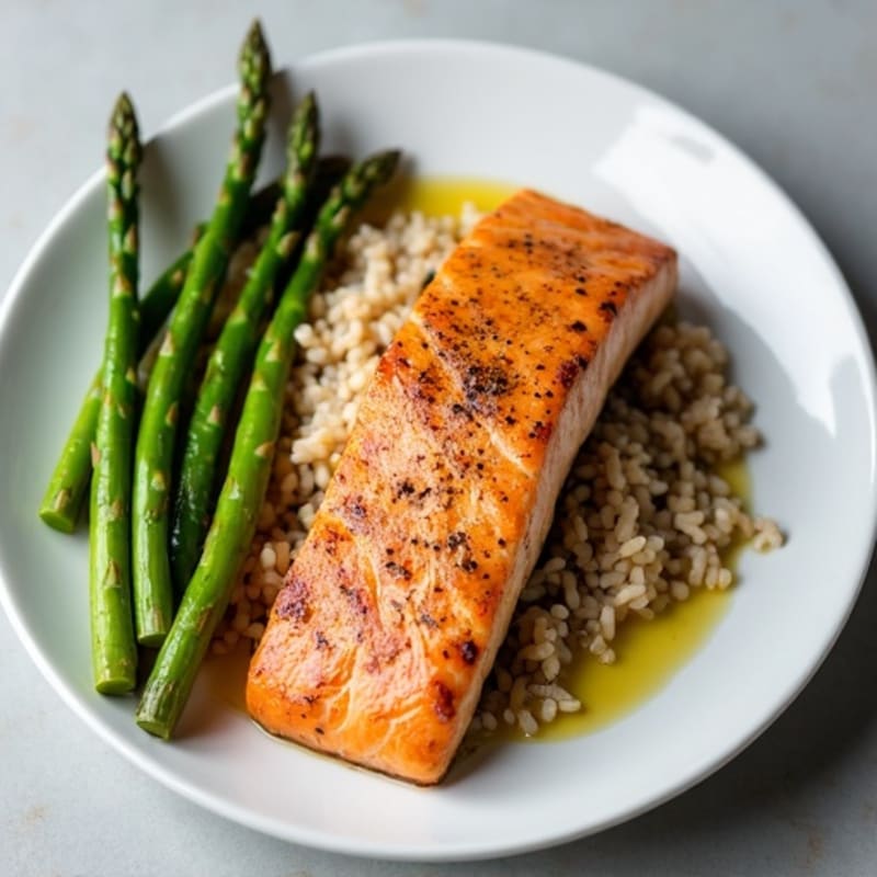 Seared Salmon with Steamed Asparagus and Brown Rice