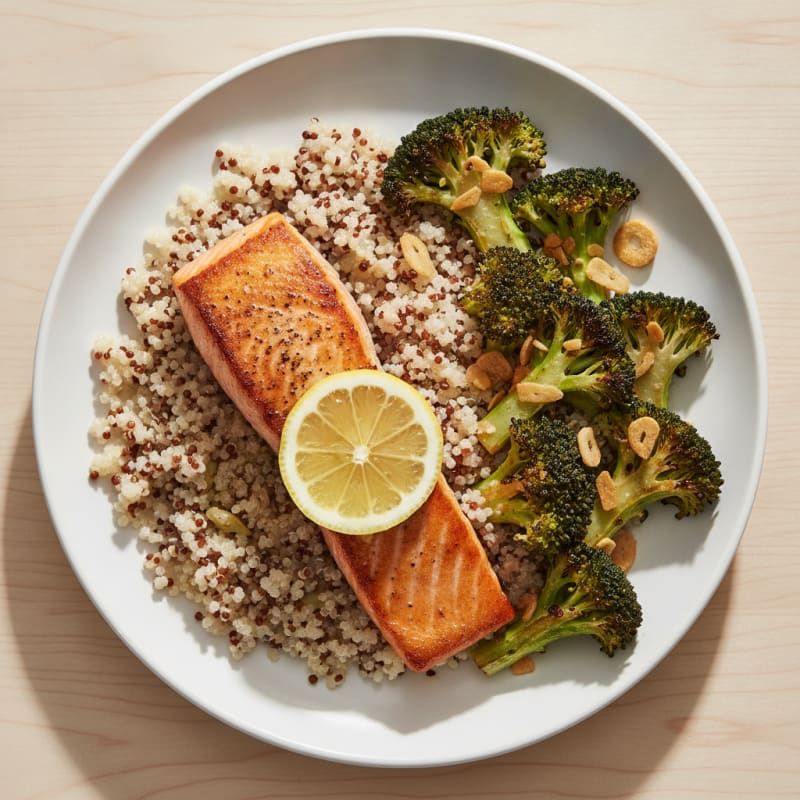 Seared Salmon with Roasted Broccoli and Quinoa