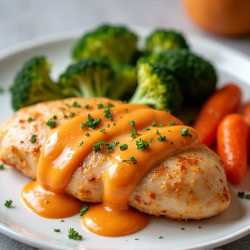 Creamy Baked Buffalo Chicken with Roasted Broccoli and Carrots