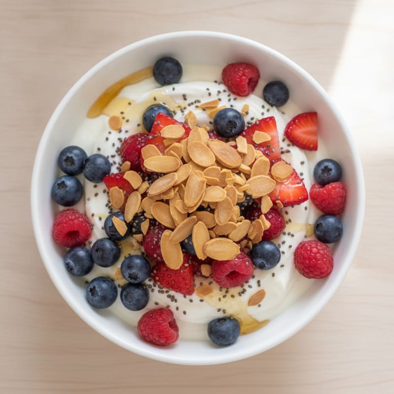Greek Yogurt Protein Parfait with Mixed Berries and Almonds