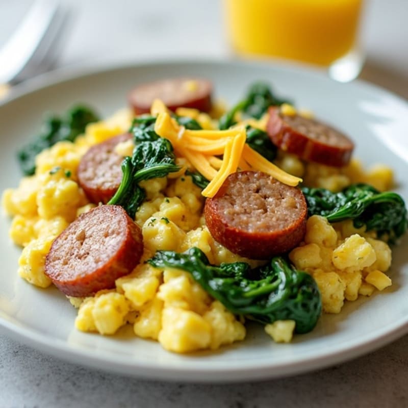 Egg White Scramble with Turkey Sausage and Sautéed Spinach