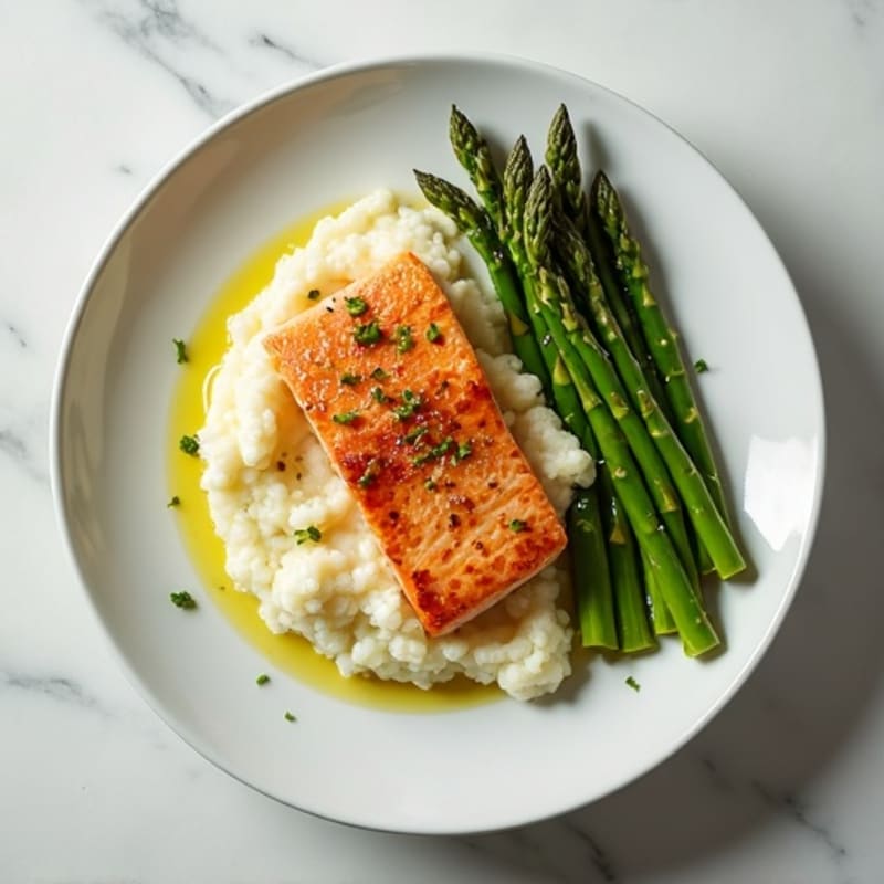 Seared Salmon with Steamed Asparagus and Cauliflower Mash