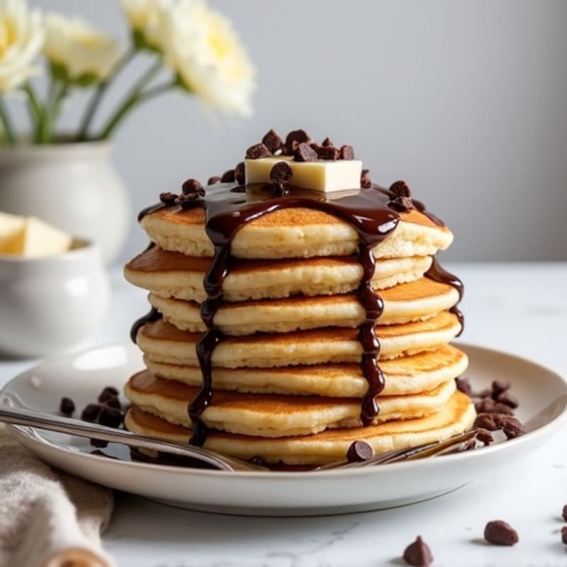 Fluffy Vanilla Protein Pancakes with Chocolate Drizzle