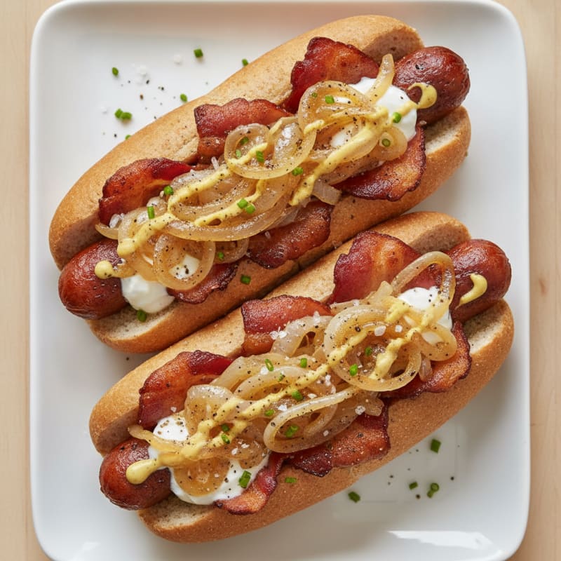 Bacon-Wrapped Hot Dogs with Caramelized Onions