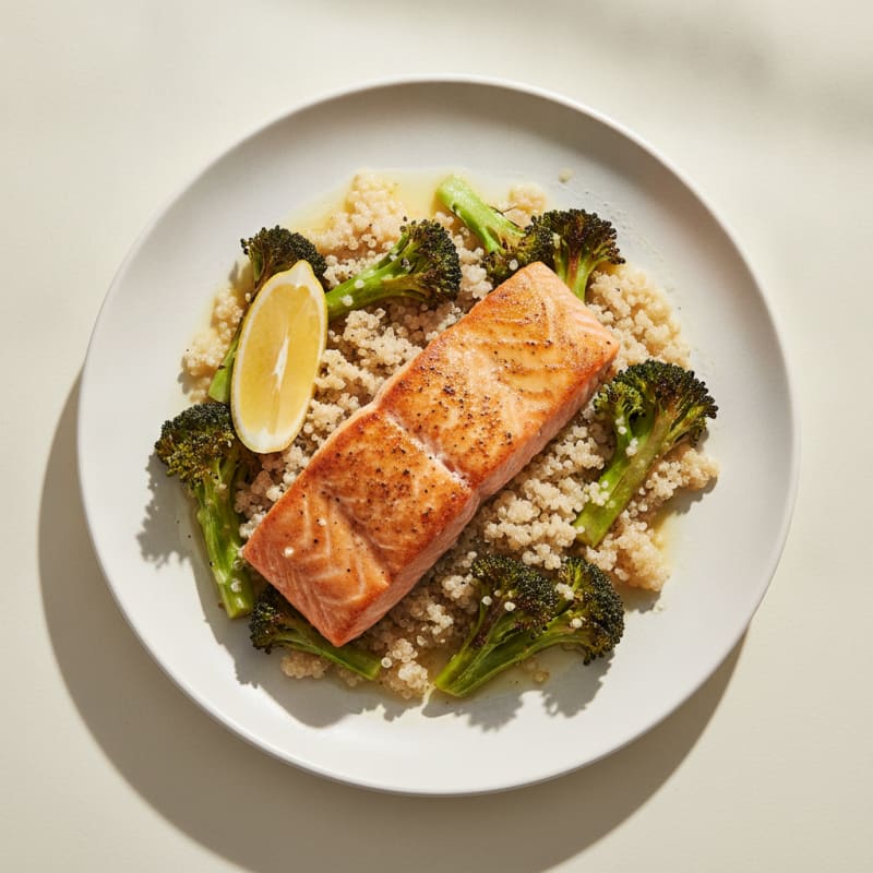 Seared Salmon with Roasted Broccoli and Quinoa