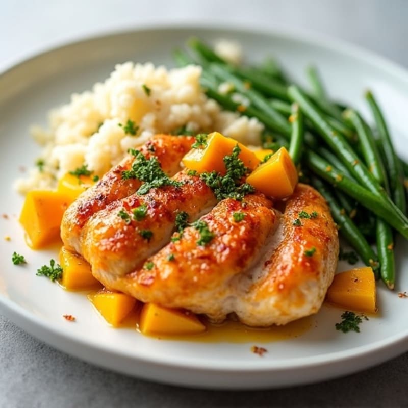 Spicy Mango Glazed Chicken with Coconut Cauliflower Rice and Green Beans