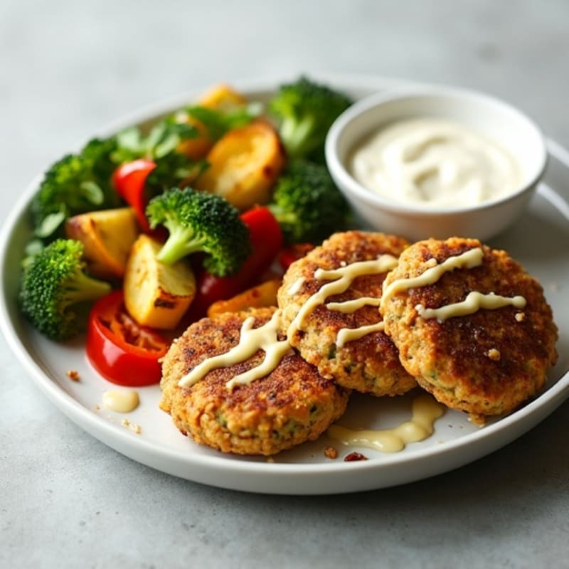 Crispy Baked Chickpea Falafel with Roasted Vegetables and Creamy Lemon-Tahini Drizzle