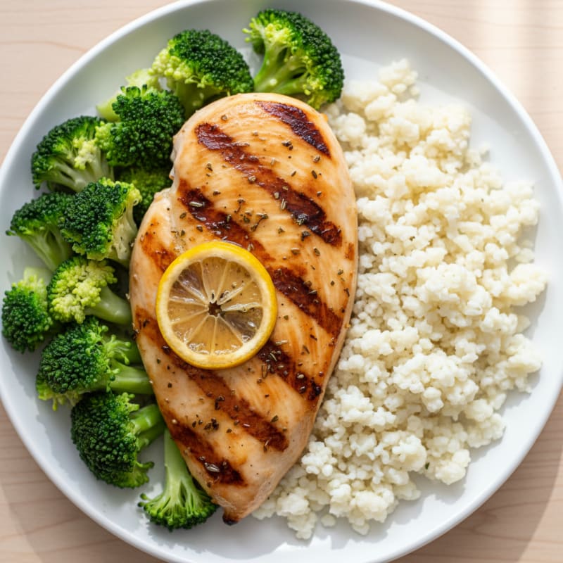 Grilled Chicken Breast with Steamed Broccoli and Cauliflower Rice