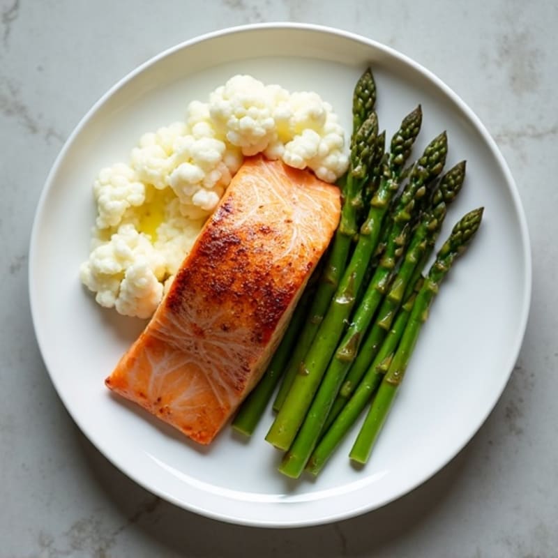 Seared Salmon Fillet with Steamed Asparagus and Garlic Mashed Cauliflower