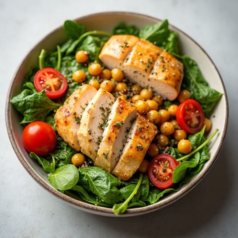 Lemon-Herb Roasted Chicken Salad Bowl with Fresh Greens and Crispy Chickpeas