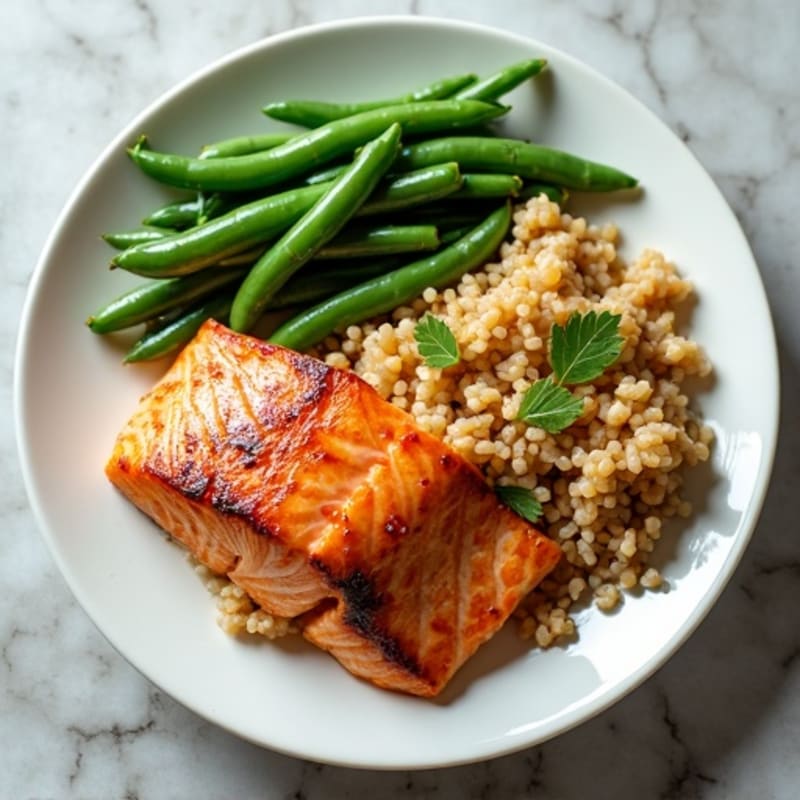 Seared Salmon with Steamed Green Beans and Brown Rice