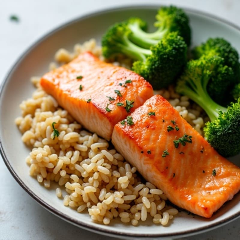Baked Salmon with Steamed Broccoli and Brown Rice