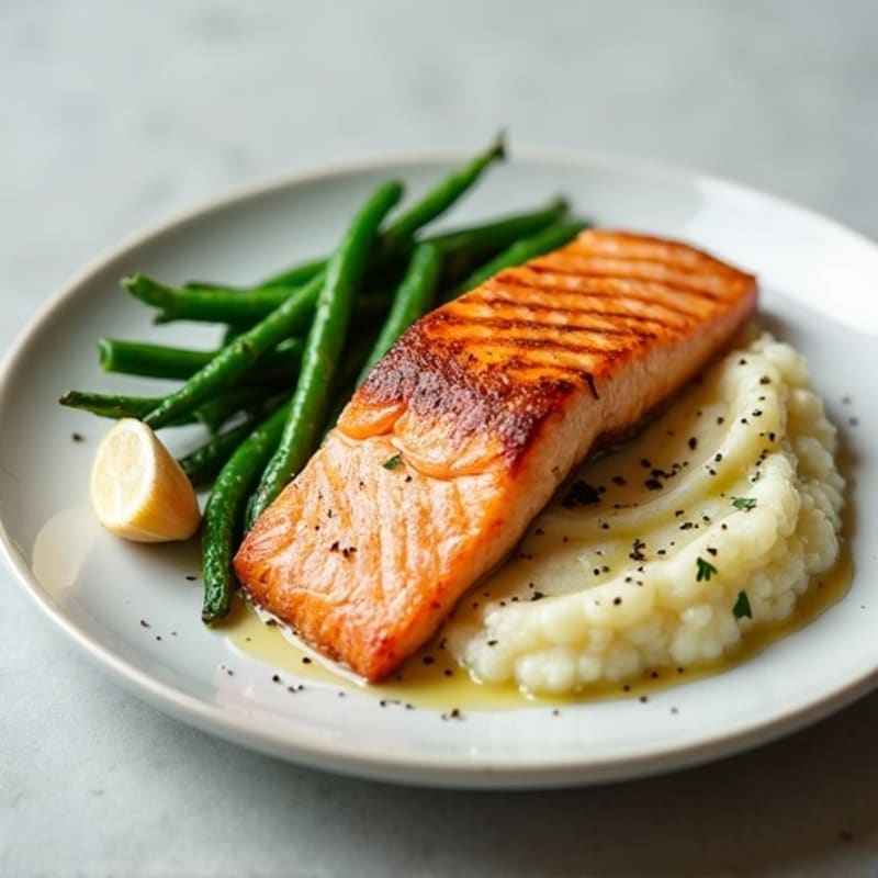 Seared Salmon with Garlic Green Beans and Cauliflower Mash