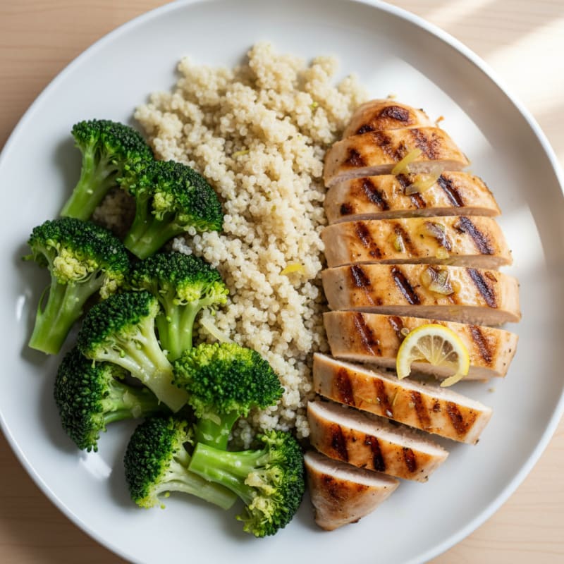 Grilled Chicken Breast with Steamed Broccoli and Quinoa