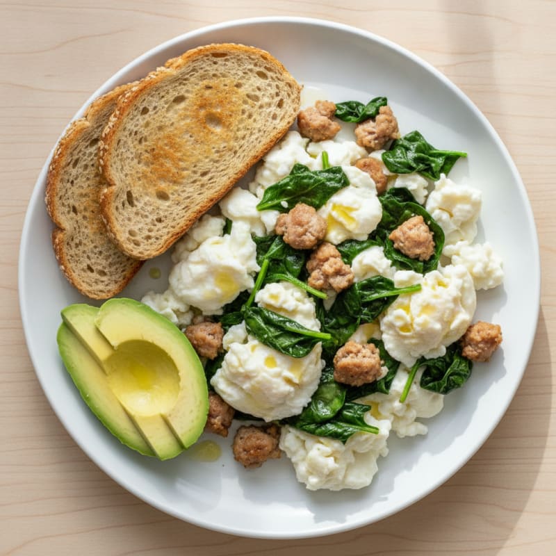 Scrambled Egg Whites with Turkey Sausage and Sautéed Spinach