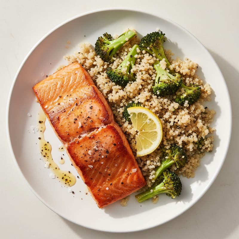 Seared Salmon Fillet with Roasted Broccoli and Quinoa