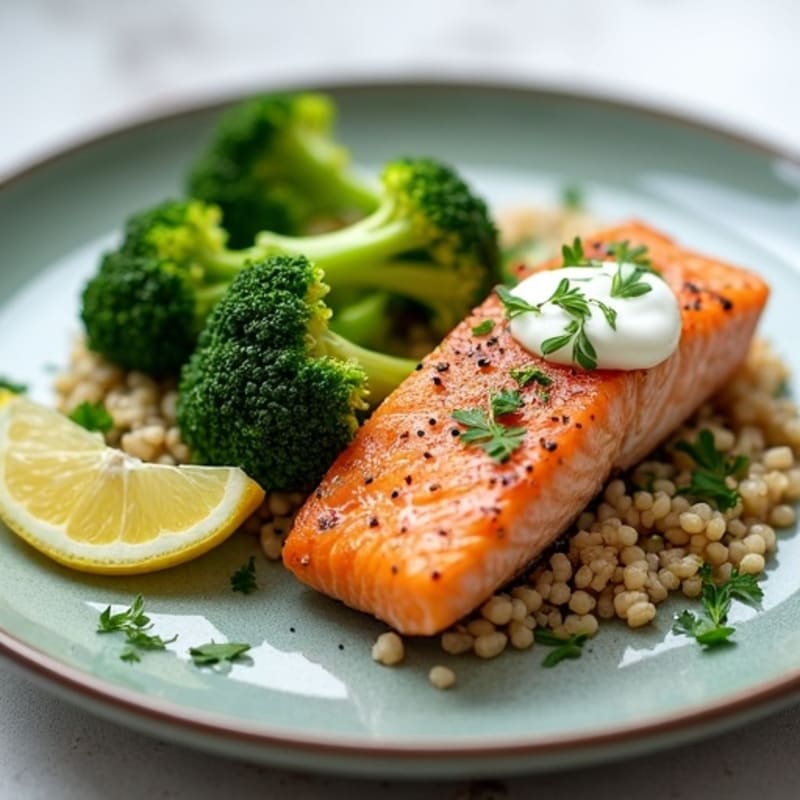 Seared Salmon with Steamed Broccoli and Herbed Quinoa