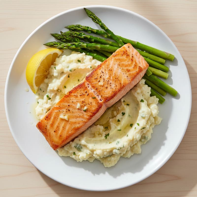 Seared Salmon with Steamed Asparagus and Garlic Mashed Cauliflower