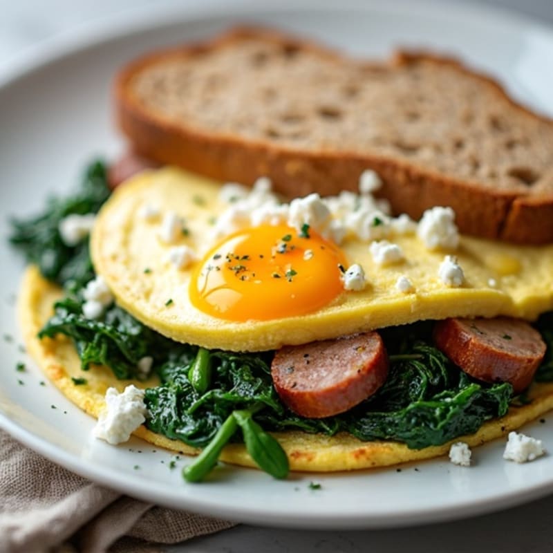 Egg White Omelet with Turkey Sausage and Sautéed Spinach