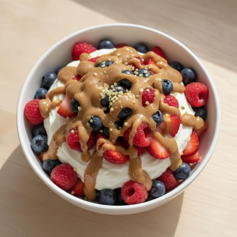 Greek Yogurt Protein Parfait with Mixed Berries and Almond Butter